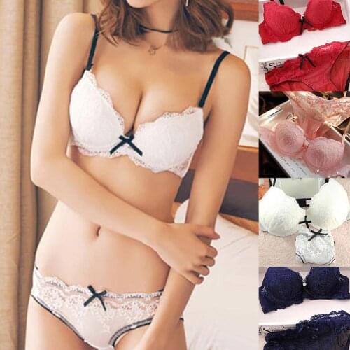 2Pcs Corset Solid Bra and Panty Set Women Lace Flower Embroider Bow Decor Push Up Bra Knickers Underware Set Sexy Bra + Knickers