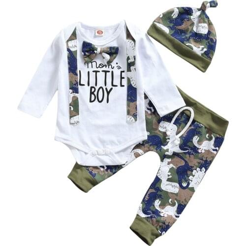 Baby Suit Set, Dinosaur Print Round Neck Long Sleeve Romper Long Pants & Hat for Toddler Boys, 0-18 Months