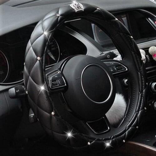 Leather Car Steering Wheel Covers Diamond Black Auto Steering-Covers Cases for Lady Girls Car Accessories