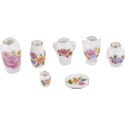 Dollhosue miniature modern ceramic china porcelain rose vase 7pcs