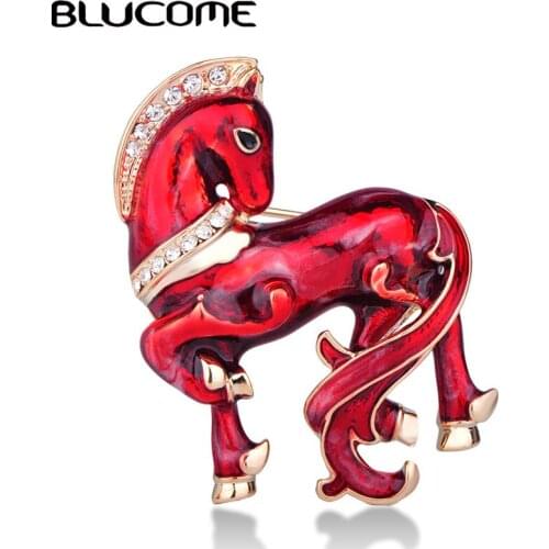 Blucome Vivid Animal Horse Shape Brooches Red Enamel Jewelry Men Women Childrens Clothing Scarf Bag Suit Accessories Lapel Pin