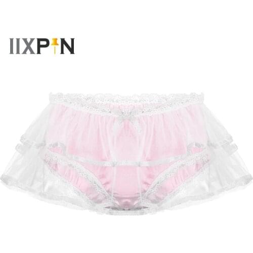 Mens Sissy Panties Smooth Satin Lingerie Sexy Men Underwear Double Mesh Layers Lace Trim Briefs Underwear Gay Men Underpants