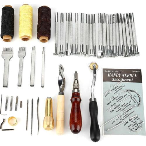 48pcs Leather Craft Sewing Tool Set Punch Cutter Groover Beveler Stitching Car Tools