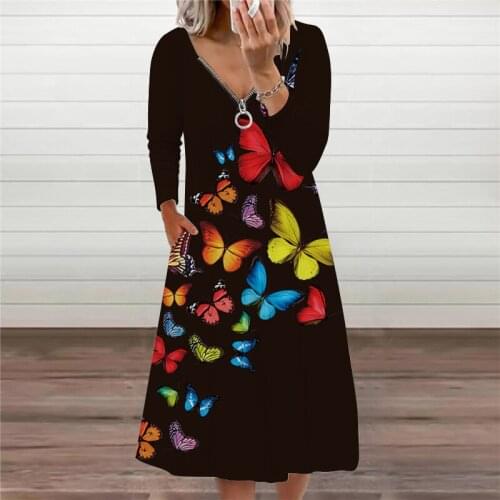 Sexy V Neck Zipper Midi Dress Women Autumn 3D Degital Butterfly Printed Loose Long Sleeve Pocket Elegant Casual Dresses Vestidos