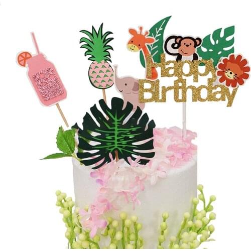 Lovely Forest Animals Cake Topper Rabbits Tigers Elephants Safari Happy Birthday Cake Topper Jungle Party Supplies Kids Favors