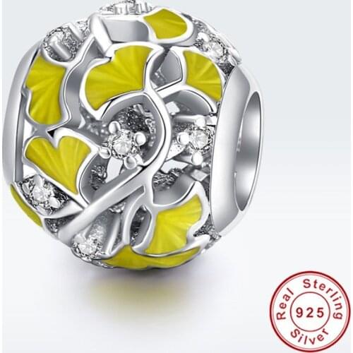 Fit Pan bracelet 100% 925 sterling silver elegant ginkgo biloba CZ yellow enamel charm for Europe jewelry DIY bangle beads