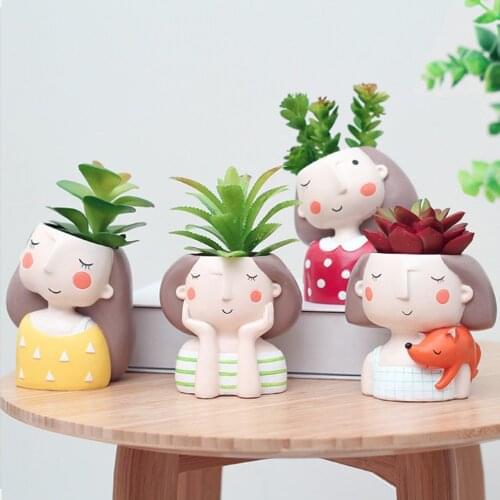 Resin Cute Girl & Boy Design Mini Flower Pots Succulent Plant Container Flowerpot Garden Planter Window Box Home DIY Decor