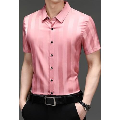 Light Blue Striped Silk Shirts For Mens Satin Pink Wedding Party Dress Smooth Oversize Costume Green Office Work Shirts Mens