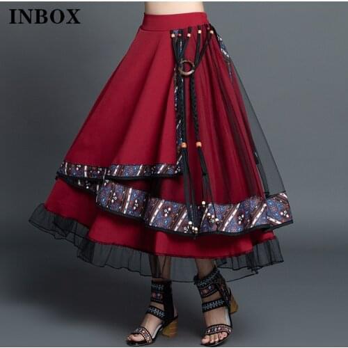 Spring High Waist Womens Long Skirt Ethnic Style Patchwork Chiffon Skirts Ladies Vintage Print Female Skirt
