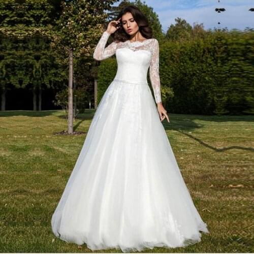 Vestido de Noiva Tulle Long Sleeve Wedding Dress Appliques Lace Bridal Gowns Custom Made Back Button Bride Dresses
