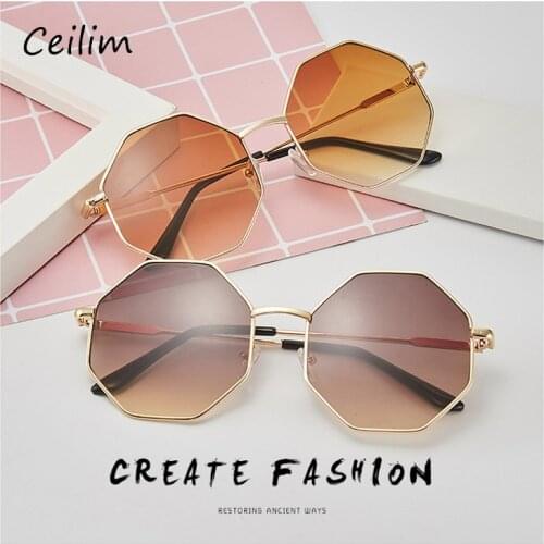 Vintage Metal Hexagonal Sunglasses Women Men 2021 Brand Designer Driving Gradient Fake Sun Glasses Round Gold Chic Eyewear