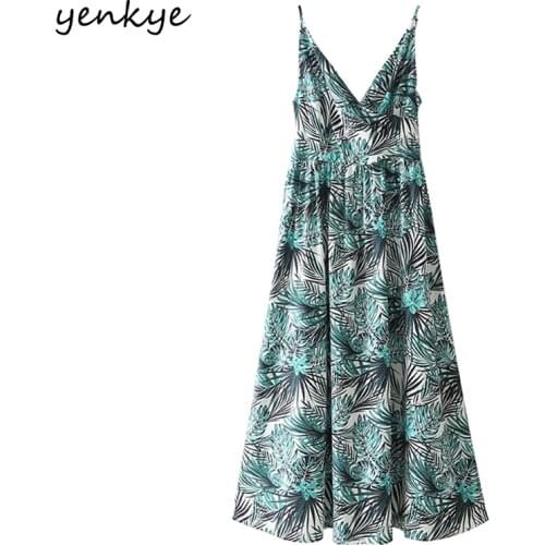 YENKYE Holiday Summer Dress Women Vintage Rainforest Print Vestido Mujer Sexy V Neck Sleeveless A-line Sling Long Dresses