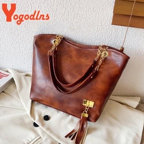 Yogodlns Vintage Tassel Shoulder Bag PU Leather Womens Bag High Quality Handbag Large Capacity Shopping Tote Bolsa feminina sac