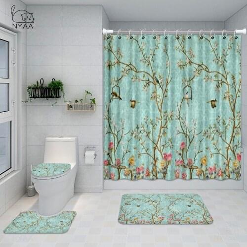 Flowers Birds Branches Shower Curtain Set With Rug Bathroom Screen Plant Green Waterproof Washable Polyester Fabric For Bathtub