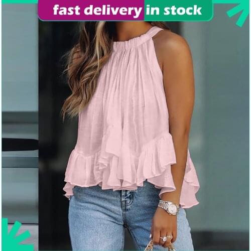 Ruffles Blouse Women Sexy Sleeveless Vest Pleated O-neck Solid Elegant Tops Tee Tank Plus Size Summer Casual Shirt blusas