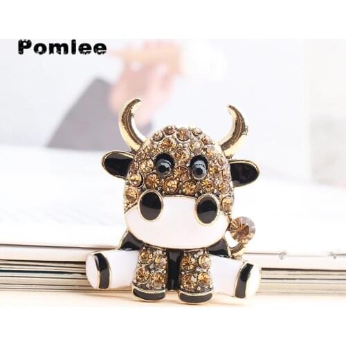 Pomlee Rhinestone Cute Enamel Milk Cow Brooches For Women Chinese Bull Year Design Fashion Animal Pin Brooch Good Gift