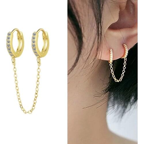 925 Sterling Silver Two Hole Piercing Earrings for Women Brilliant Crystal Zircon Gold Color Chain Earring Party Jewelry