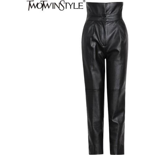 TWOTWINSTYLE High Waist PU Leather Pants For Women Black Solid Minimalist Harem Pant Female Fashion New Clothing 2020 Autumn