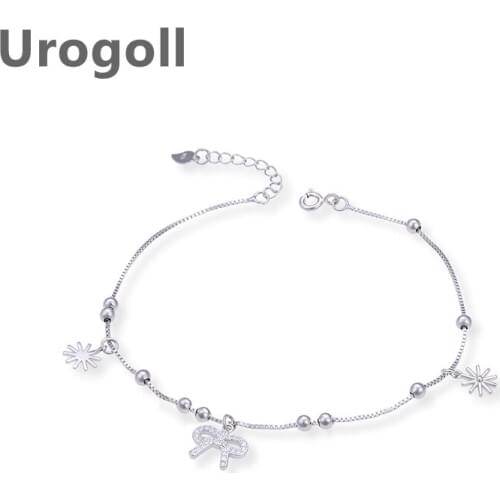 Noble Women Anklet 925 Sterling Silver Zircon Bow Beaded Flower Fresh Anklet To Lady Girl Decoration Jewelry Foot Accessories