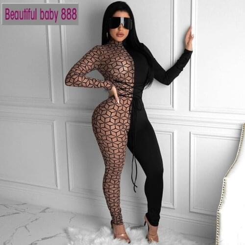 Meqeiss Bodycon Patchwork Strappy Jumpsuit Women Autumn Turtleneck Plaid Streetwear Overalls 2021 Casual Elastic Workout Rompers