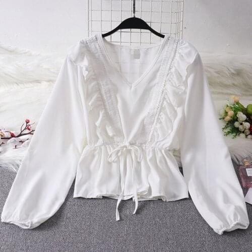 Drawstring Sash Ruffles Women Blouse V-Neck Lace Patchwork Vintage Blusa 2021 Spring Summer Solid Slim Fashion Tops Lady