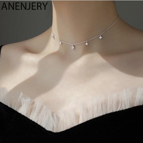 ANENJERY 925 Sterling Silver Star Tassel Choker Necklace For Women Clavicle Chain Zircon Waterdrop Necklace S-N714