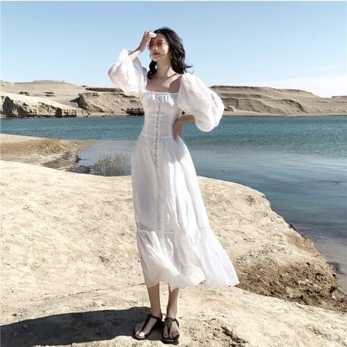 DUISNENA boho dress white solid color court style women dresses chiffon puff sleeve backless fairy vintage vestidos robe