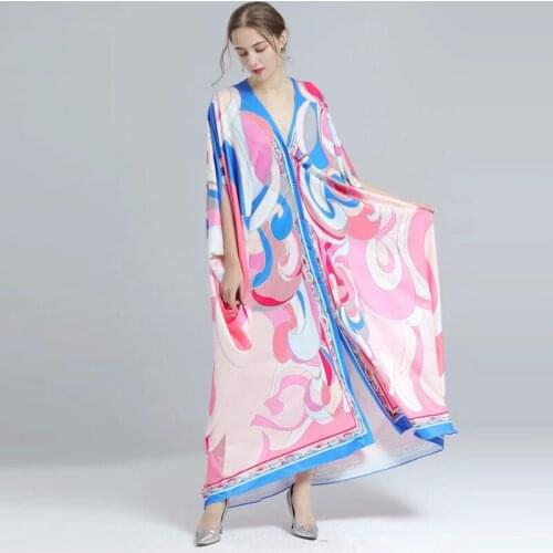 Women Runway Fashion 2021 Spring New Arrival Batwing Sleeve Contrast Color Print Loose Style Long XXL Dress