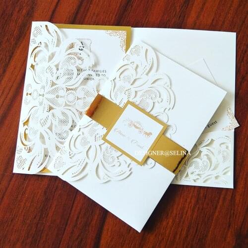 50 Pieces/Lot) Sweetheart Wedding Invitation With Personalized Print Insert And Gold Metalic Belt And Tag DIY Laser Cut Cards
