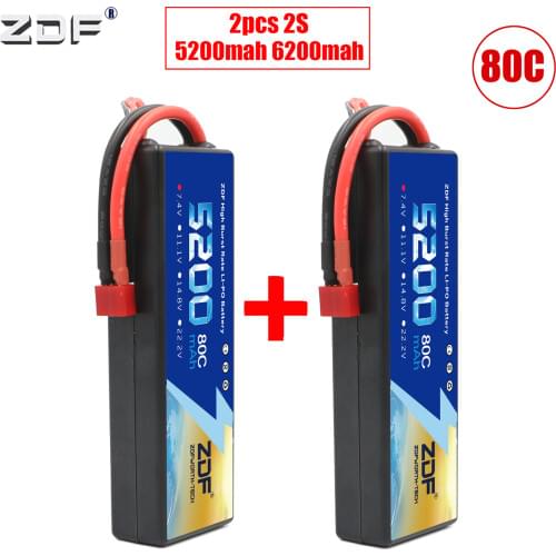 ZDF 2pcs/lot Hardcase RC Battery 7.4V 5200mah 6200mAh 2S 80C For Traxxas RC Car Truck FPV RACING