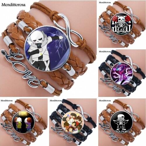 Undertale Game Video Game For Girls Gift Jewelry Multilayer Black/Brown Leather Bracelet Bangle With Glass Cabochon Jewelry