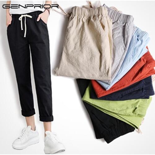 GENPRIOR Cotton Linen Women Harem Casual Pants Elastic Waist Ankle-length Thin Loose Straight Soft Female Slim Pencil Pants