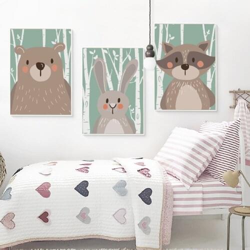 Elegant Poetry Cute Cartoon Animals Fox Rabbit Bear A4 Canvas Painting Art Print Poster Picture Childrens Room Wall Decoration