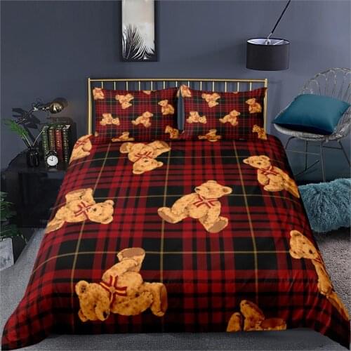 3D Quilt Duvet Cover Set Plaid Bear Comforter Bedding Set King King Queen Double Single Size Cartoon Animal Bed Sets