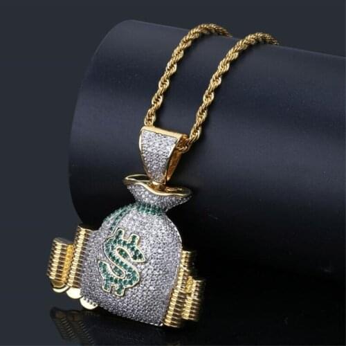 Creative Fashion Cash Coins Stack Zircon Purse Pendant Necklace Hip Hop Mens Rock Party Jewelry