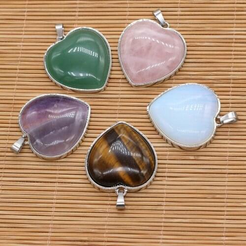 2020 New Hearts Charms Natural Stone Rose Quartzs Opal Pendant for Jewelry Making DIY Necklace Accessories Gift Size 32x35mm