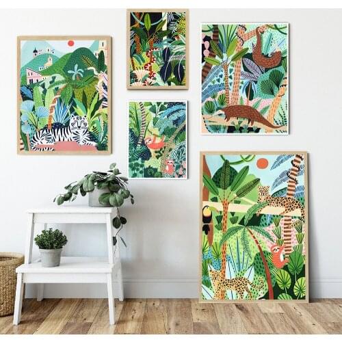 Sloth Tiger Leopard Giraffe Jungle Nordic Posters and Prints Tropical Leaf Wall Art Canvas Painting Pictures for Living Room