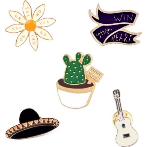 Fashion Hat Guitar Cactus "Win my heart" Flower Enamel Brooch Pins Badge Metal Girls Women Jeans Bag Decoration Brooches Jewelry