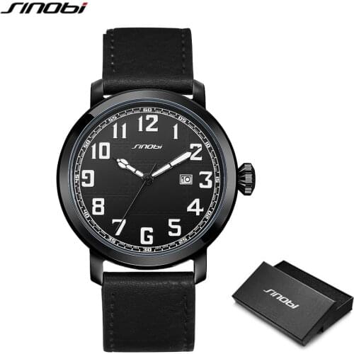 SINOBI New Men Black Genuine Leather Strap Waterproof Watches Japan Imported Movement Quartz Wristwatches Mens Fashion Watch