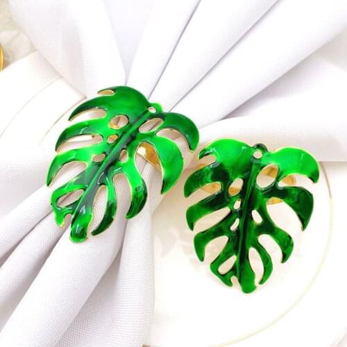 Set of 6 Hawaii Party Green Leaves Napkin Rings Tissue Serviette Buckles Metal Summer Parties Wedding Dining Table Decor