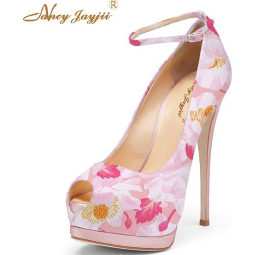 NJ Spring Shoes Genuine Letaher Shoes Supper High Heels Platform Ankle Strap Shoes Elegant Flower Print Pumps souliers femme