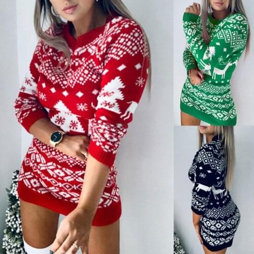 Autumn Winter Warm Knitted Sweater Women All-match US&EU Red Long-sleeved Dress Christmas Happy Atmosphere Clothing Accessories