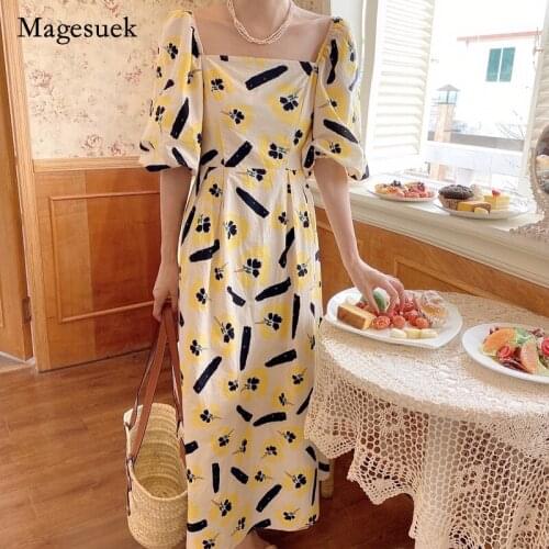 Chic Summer Women Long Dress Cotton Printed Square Neck Puff Sleeve Dress French Office Lady Dress for Women Vestido 14530