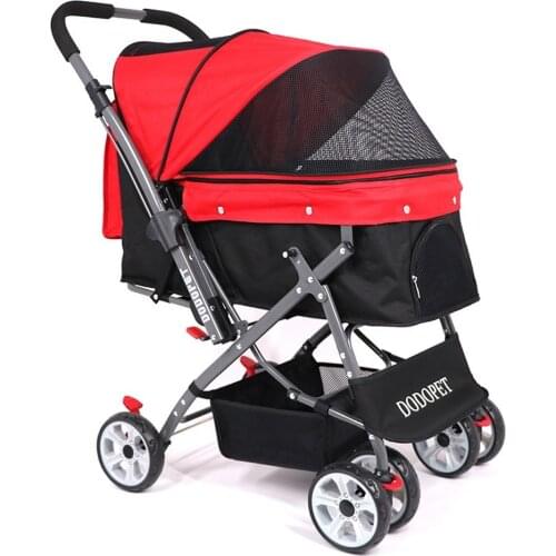 Reversible Armrest Foldable Stroller for Small&Medium Dogs and Cats Pet Transport Trolley with Storage Basket Puppy Pushchair