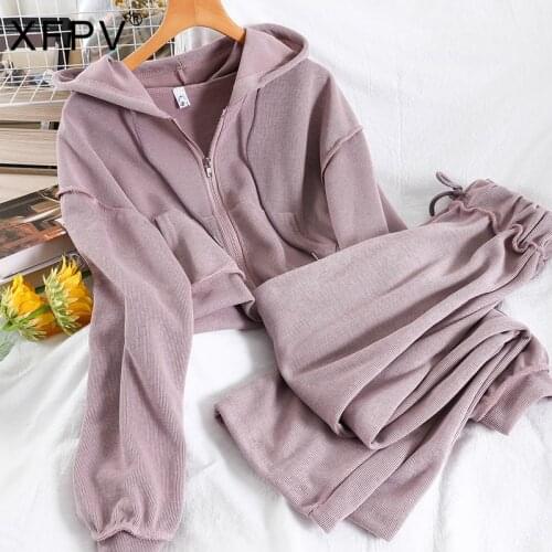 XFPV 2021 New Spring Summer Fashion Temperament Suit Hooded Sweater Coat Straight Tube Wide Leg Pants Loose Two Piece Set SJ292