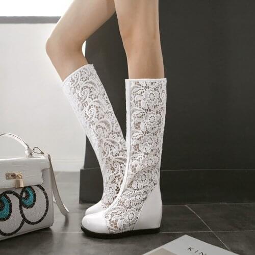 Women Cut Out Closed Toe Knee High Summer Boots Cutout Lady Wedges Knight Long Boots Increasing Height High Boots Plus Size43