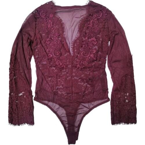 Womens Wine Red Embroidery Lace Gauze Deep V-neck Long Sleeve Sexy Thong Open Crotch Bodysuit, Underwear Lingeries Gift SLA077