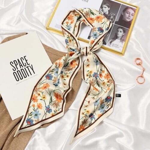 Womens Elegant Silk Stain Hair Head Scarf Headband Female Chrysanthemum Prints Neck Collar Scarves for Ladies Handbag 2021 New