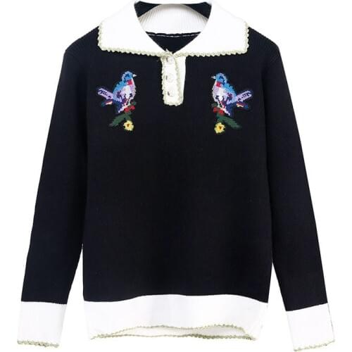 Pearls Sweater Women 2018 Autumn Long Sleeve Lurex Bird Embroidery Casual Pullover Jumper