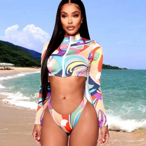 High Waist Womens Split Swimwear Printed Zipper Two Piece Long Sleeve Bikini Set Push Up Swimsuit Summer Bathing Suit Swimwear